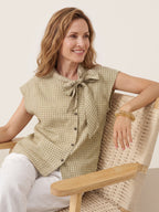 100% Linen Yarn Dyed Check Tie Neck Top ISALINE