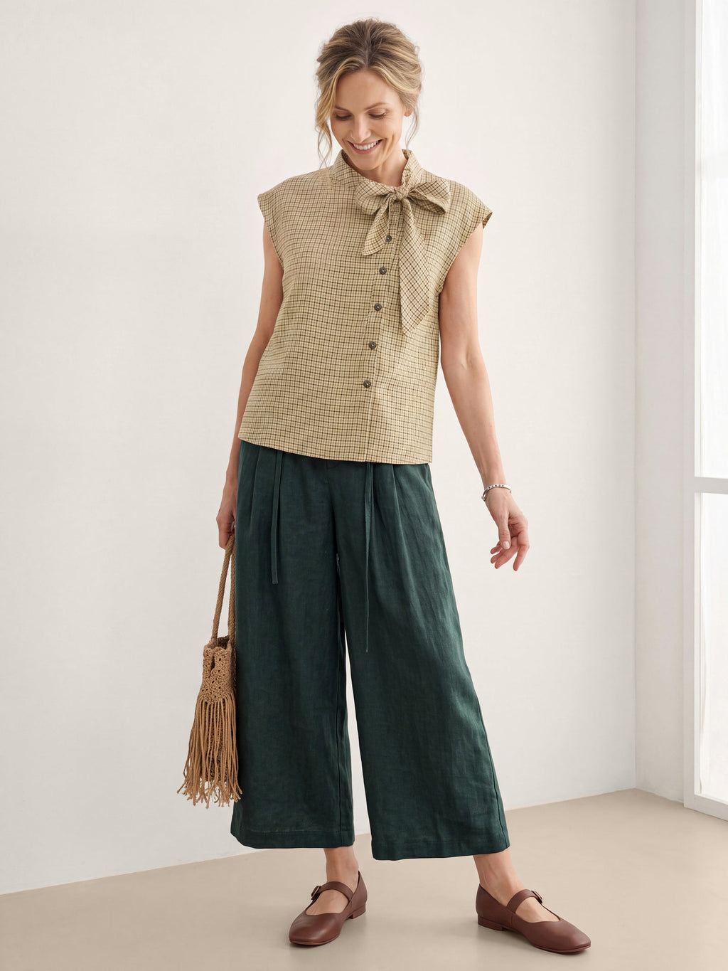 100% Linen Yarn Dyed Check Tie Neck Top ISALINE