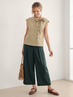 100% Linen Yarn Dyed Check Tie Neck Top ISALINE