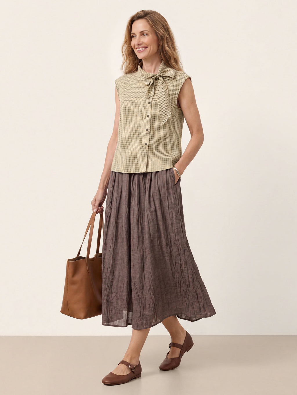 100% Linen Yarn Dyed Check Tie Neck Top ISALINE