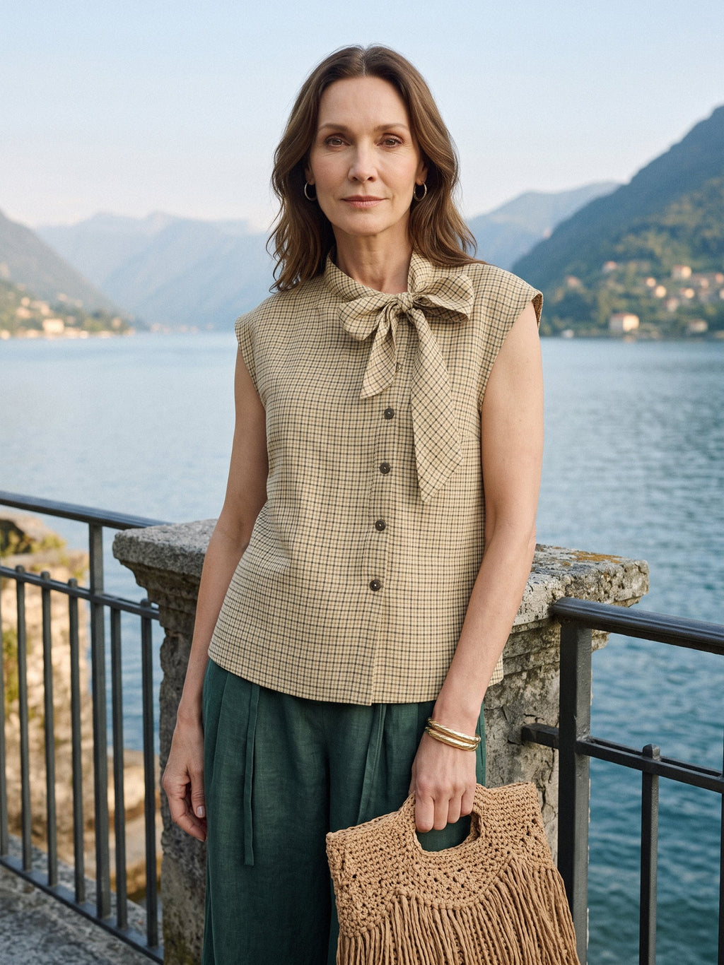 100% Linen Yarn Dyed Check Tie Neck Top ISALINE