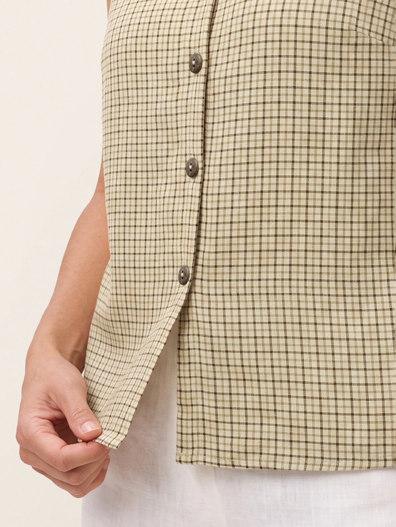 100% Linen Yarn Dyed Check Tie Neck Top ISALINE