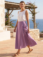 Linen Checked Elastic Waist Skirt MARINA