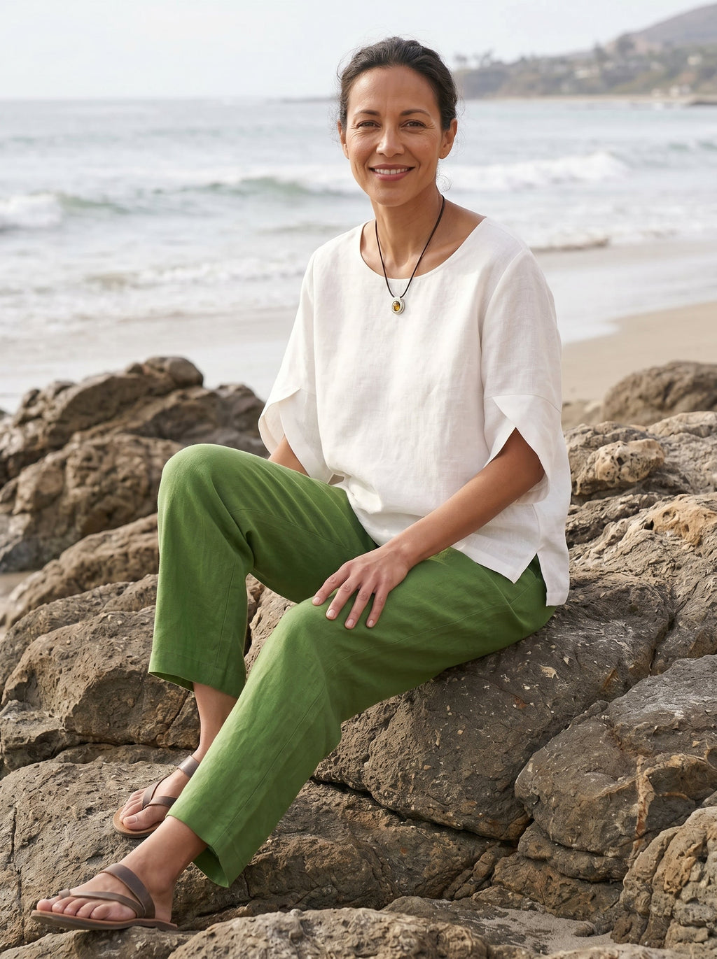 100% Linen Round Neck Petal-Sleeve Pullover LAUREL