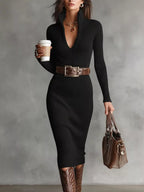 Hazel™ | V-Neck Ribbed Midi Sweater Dress