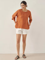 100% Linen Round Neck Artistic Stripe Top FLORENCE
