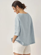 100% Linen Boatneck 3/4 Length Sleeve Top AURORA