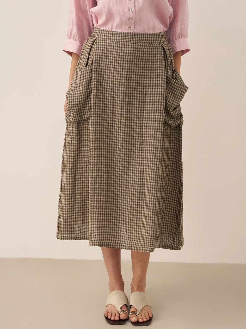 Linen Checked Elastic Waist Skirt MARINA
