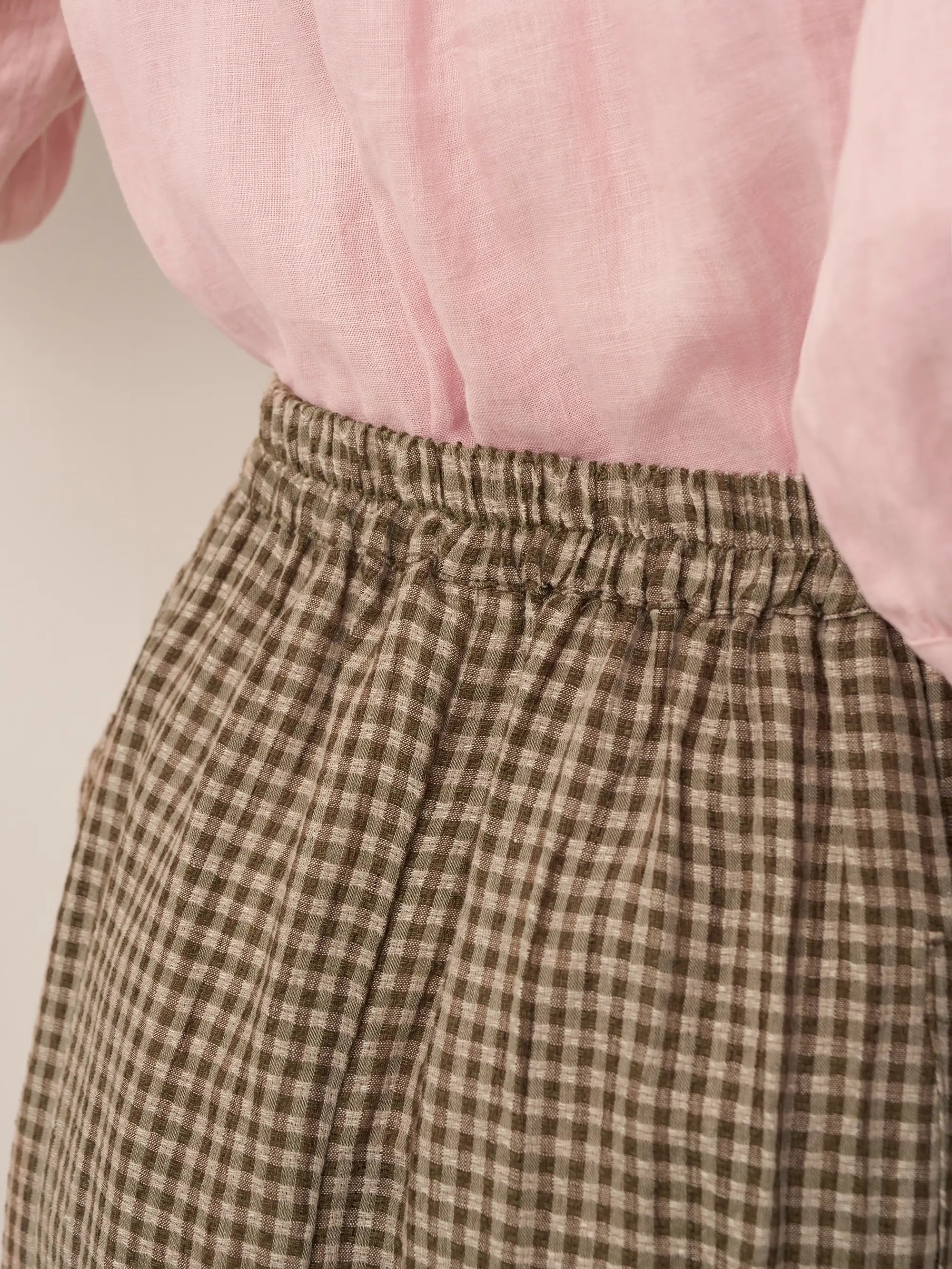 Linen Checked Elastic Waist Skirt MARINA