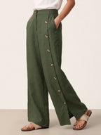 100% Linen Buttoned Slit-Hem Pants KATYA