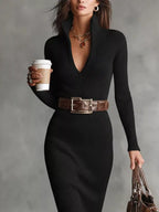 Hazel™ | V-Neck Ribbed Midi Sweater Dress