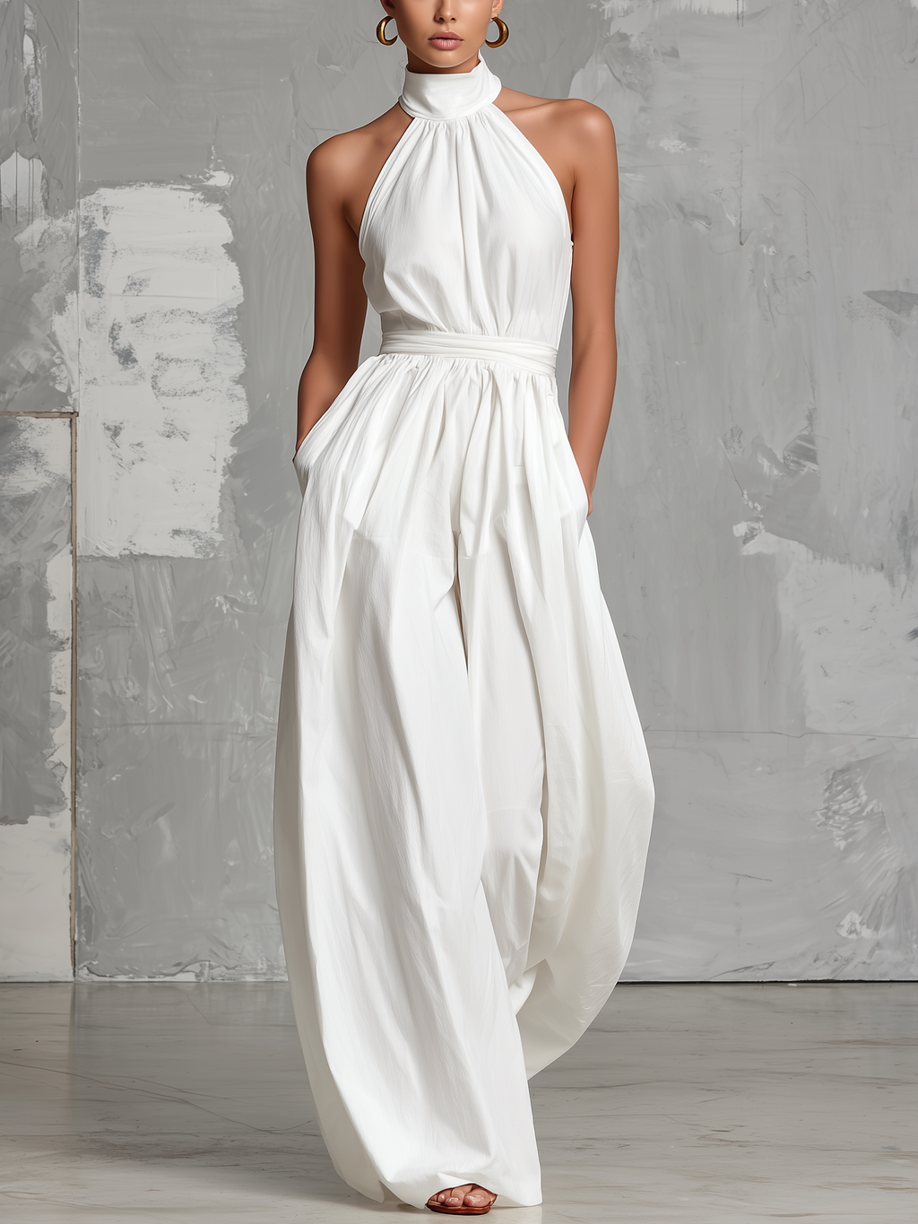 Zoltán | Elegant white woven sleeveless halter-neck jumpsuit • S1