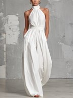 Zoltán | Elegant white woven sleeveless halter-neck jumpsuit • S1