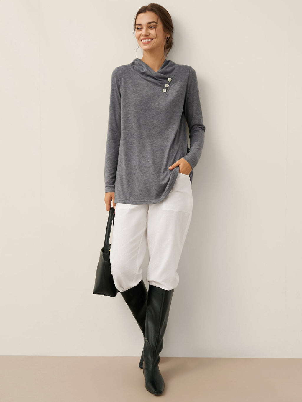 Cashmere Asymmetric Cowl Neck Stretch Top TATIANA