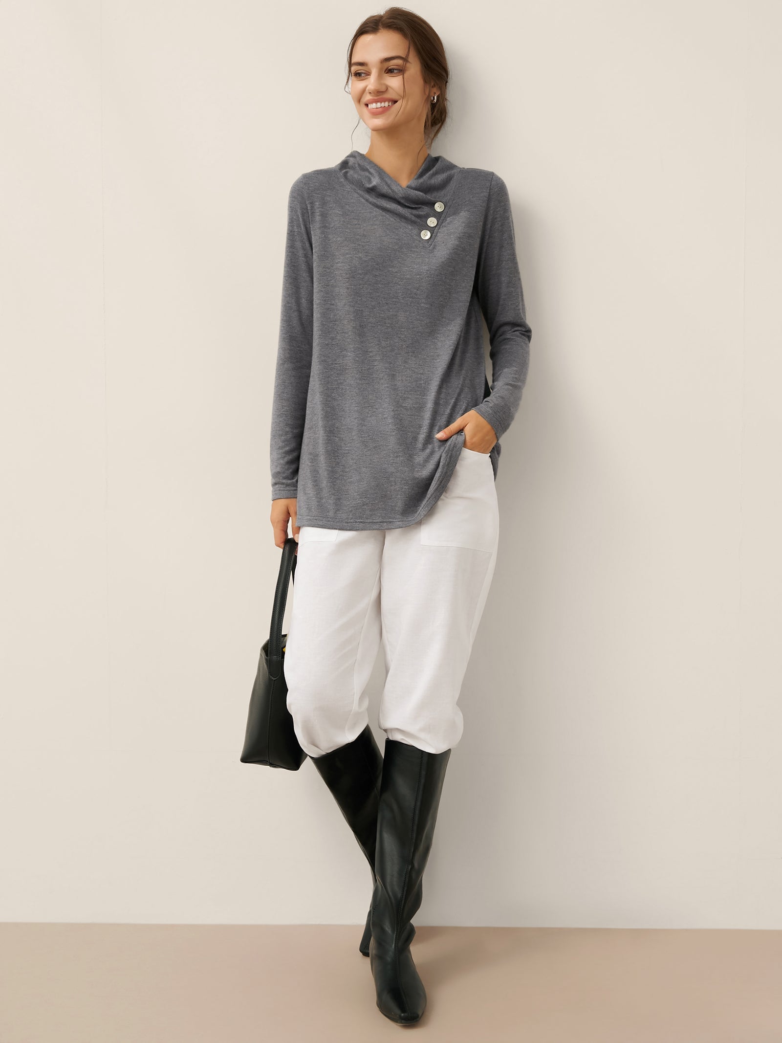 Cashmere Asymmetric Cowl Neck Stretch Top TATIANA