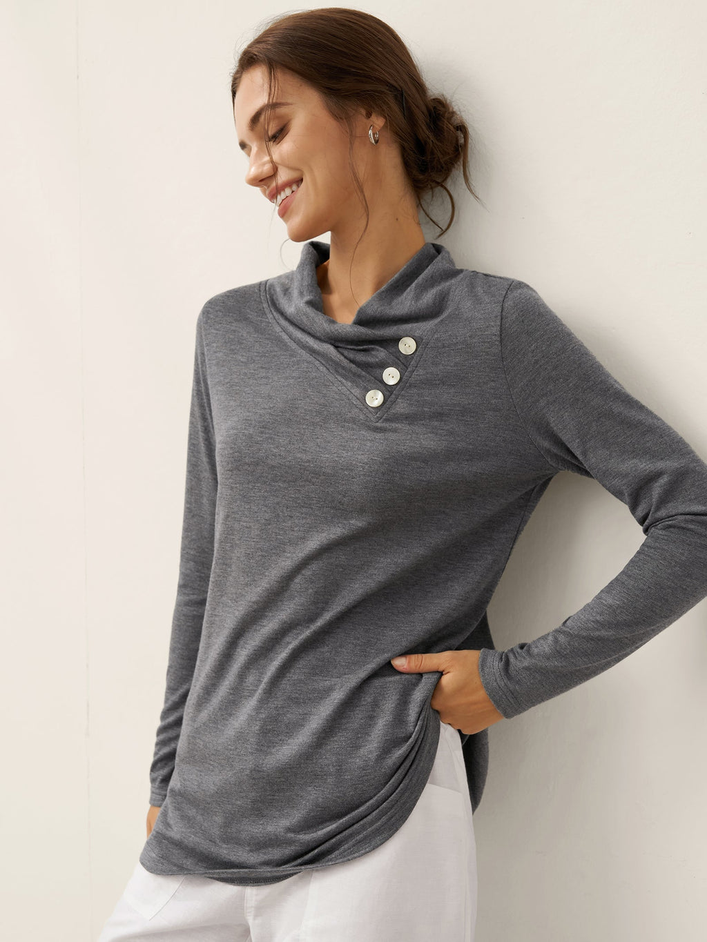 Cashmere Asymmetric Cowl Neck Stretch Top TATIANA