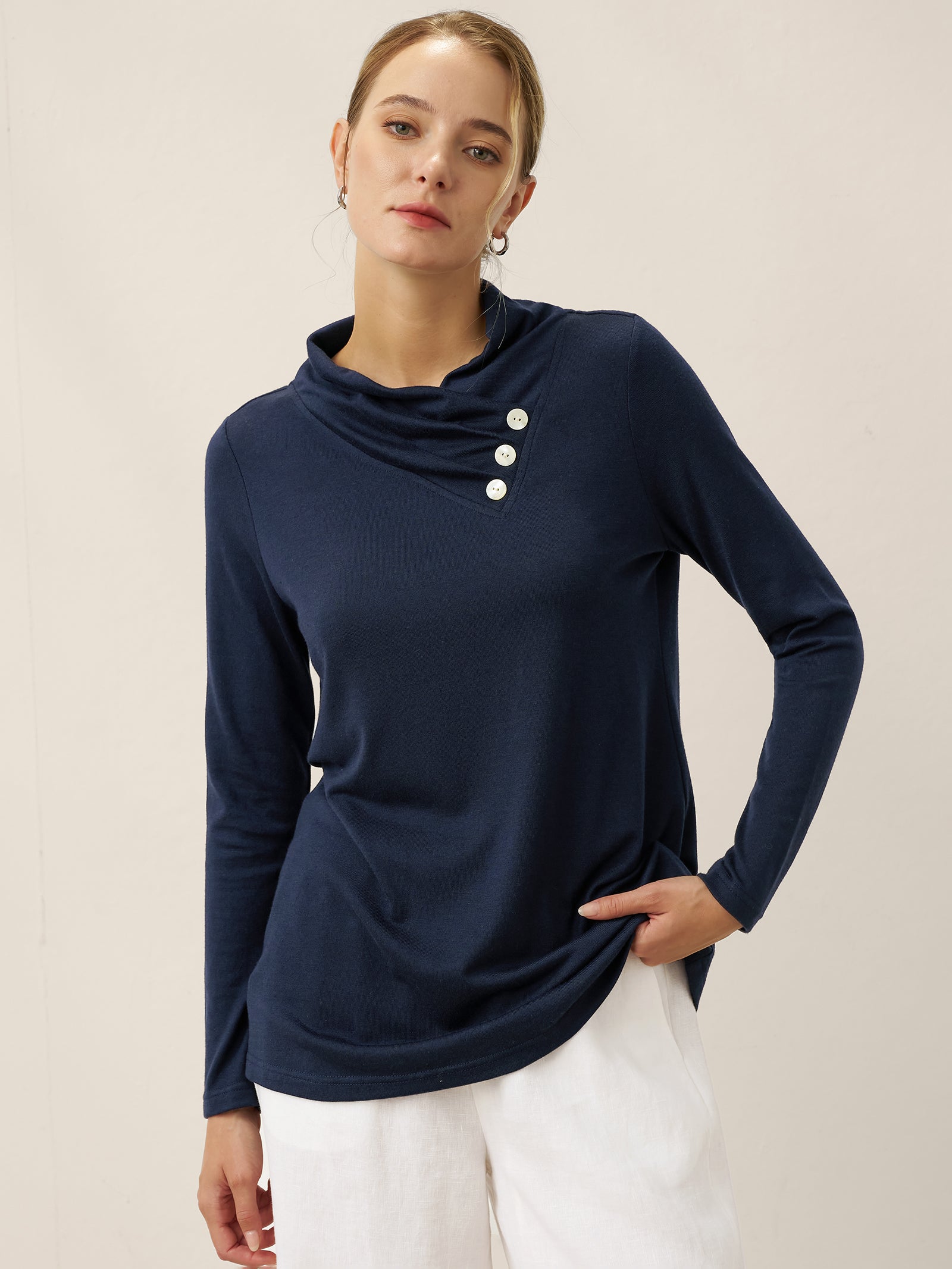 Cashmere Asymmetric Cowl Neck Stretch Top TATIANA
