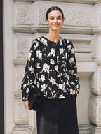100% Linen Floral Printed Gathered Pullover Top AMIYA