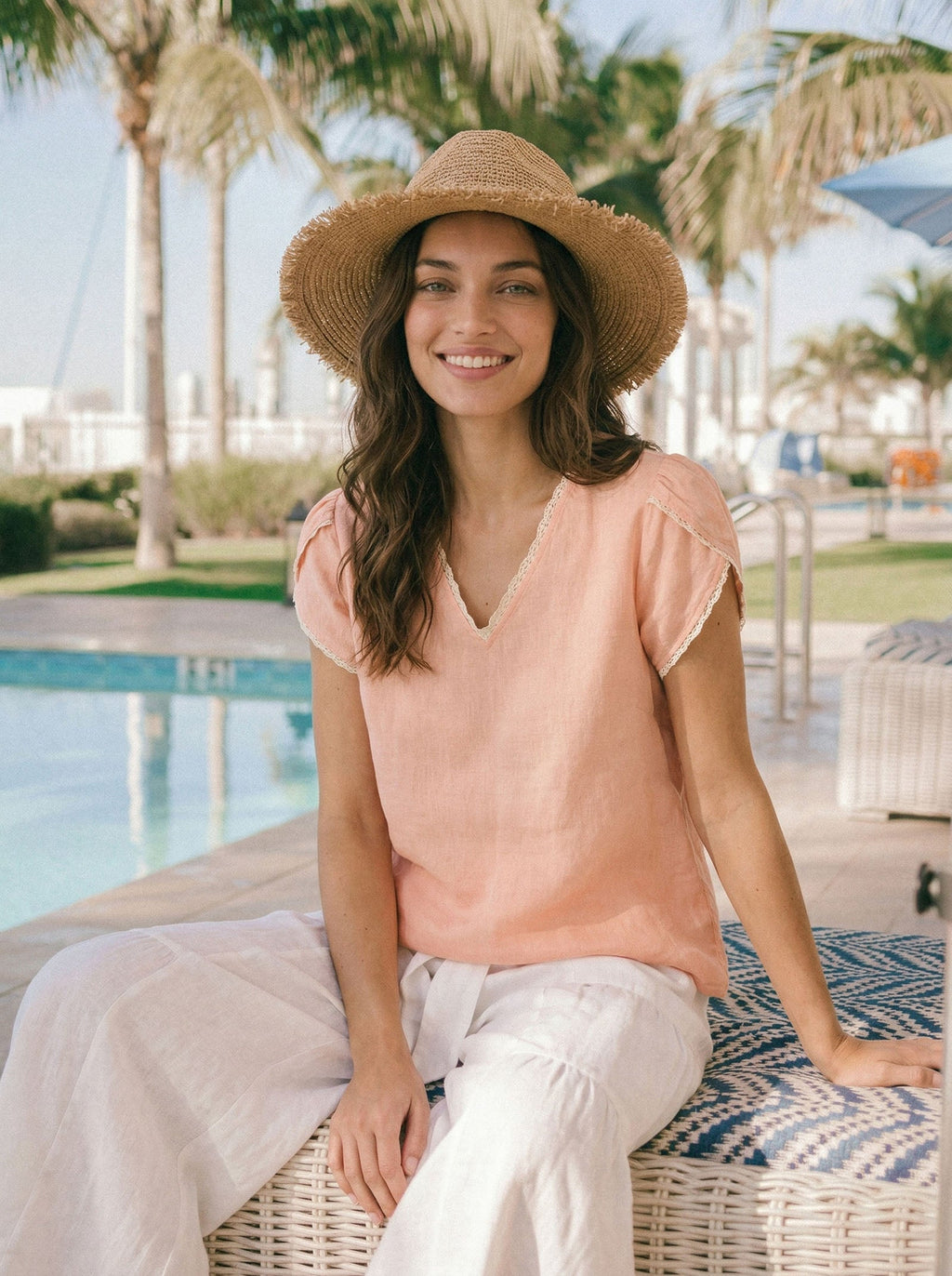 100% Linen Lace-Trim Puff-Sleeve Top NIA