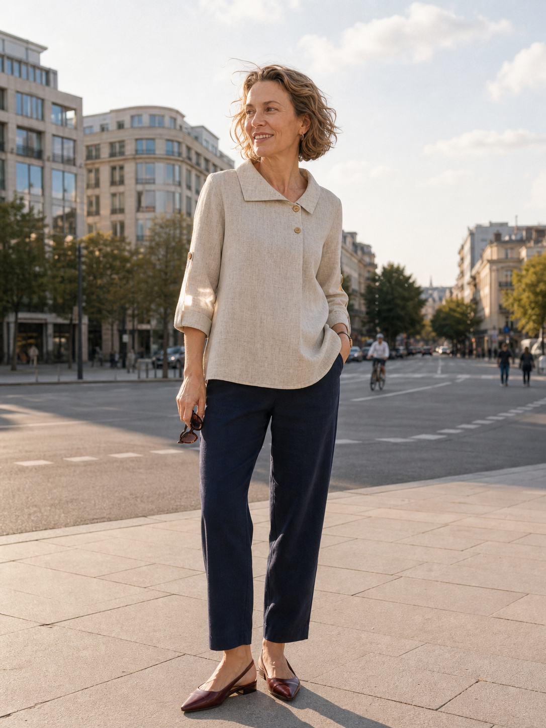 100% Linen Asymmetric Button Placket Shirt CLARISSA