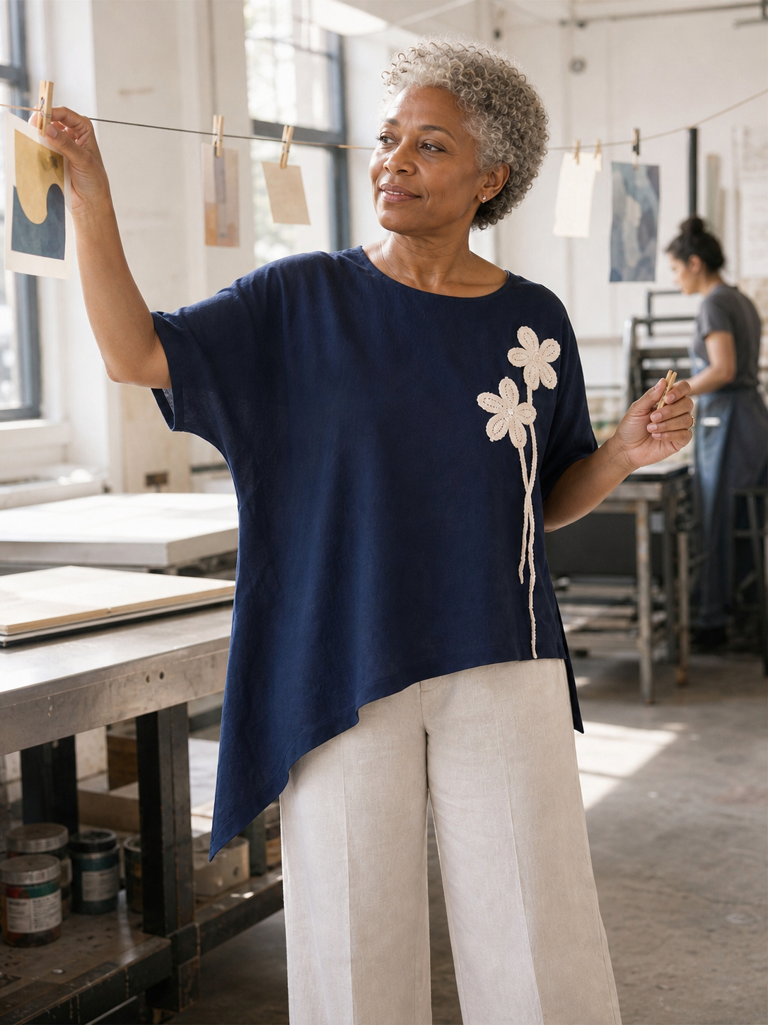 Linen-Lyocell Floral Cord Embroidered Asymmetric Hem Top FLORENE