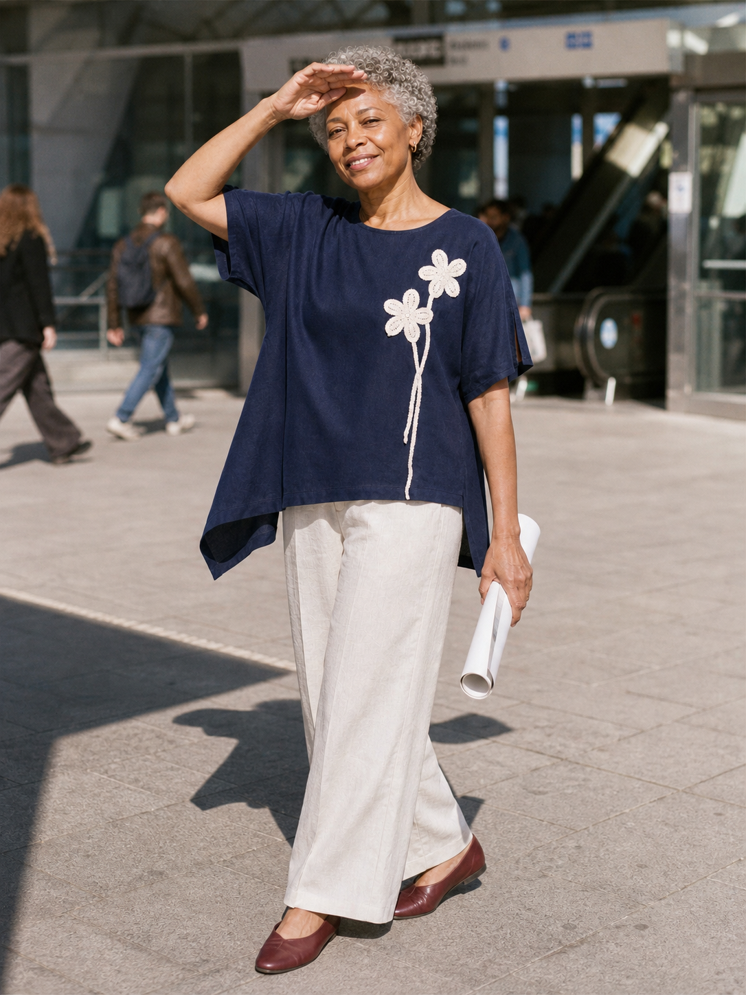 Linen-Lyocell Floral Cord Embroidered Asymmetric Hem Top FLORENE