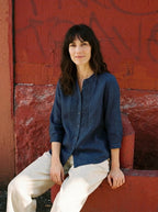 100% Linen Sculpted Accordion Pleat Crew Neck Shirt RANA