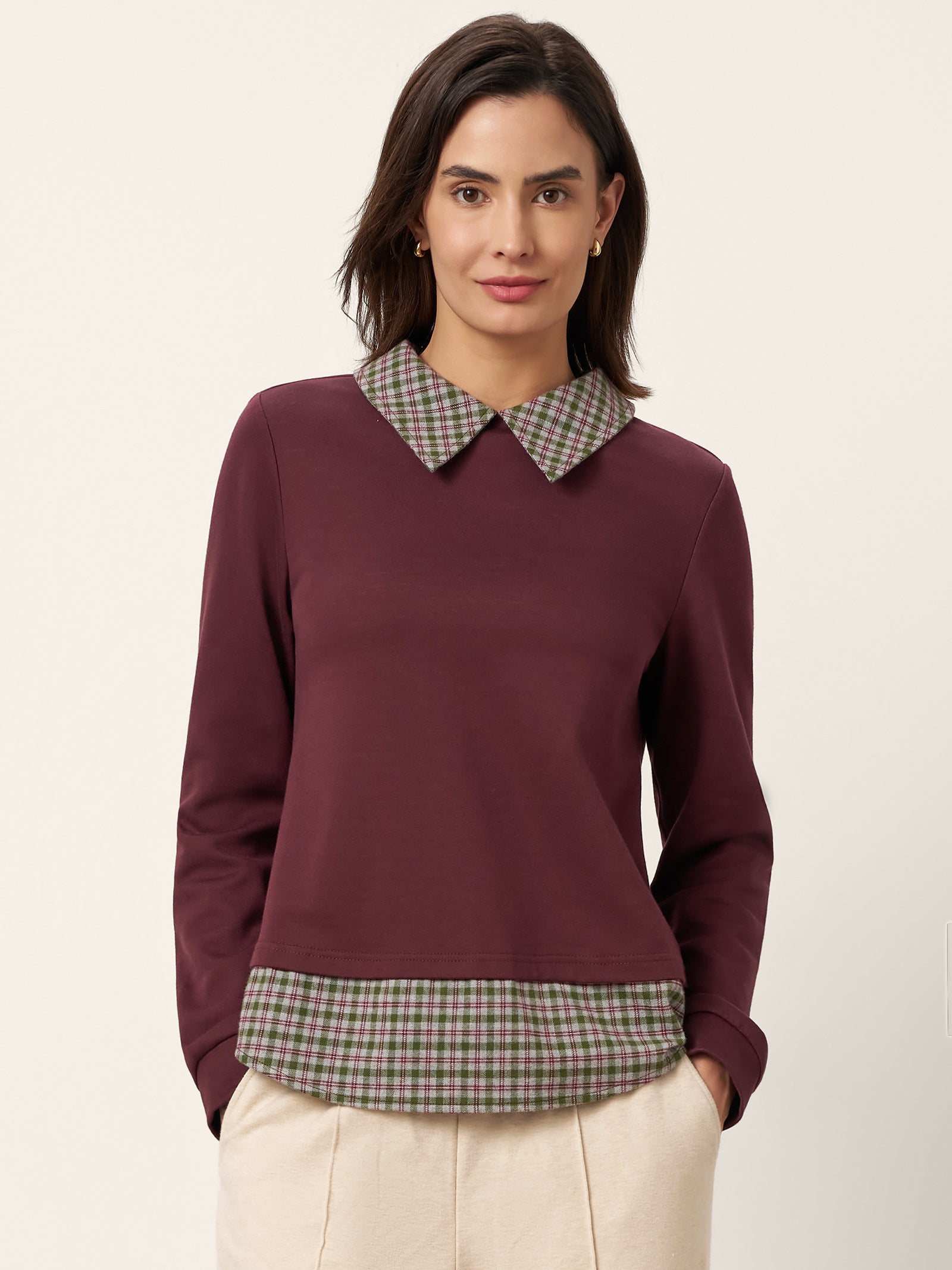 Cotton Plaid Panel Long Sleeve Top RAYNA