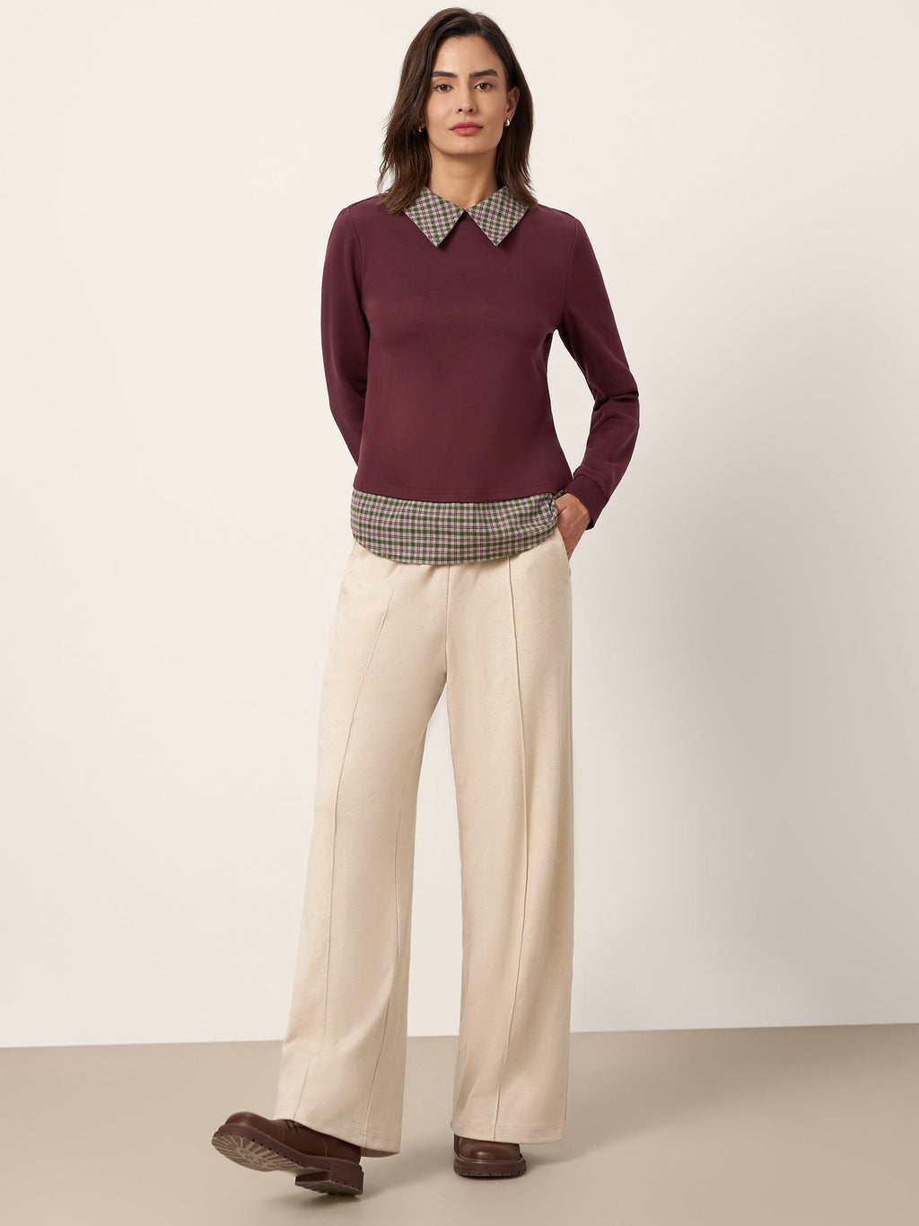 Cotton Plaid Panel Long Sleeve Top RAYNA