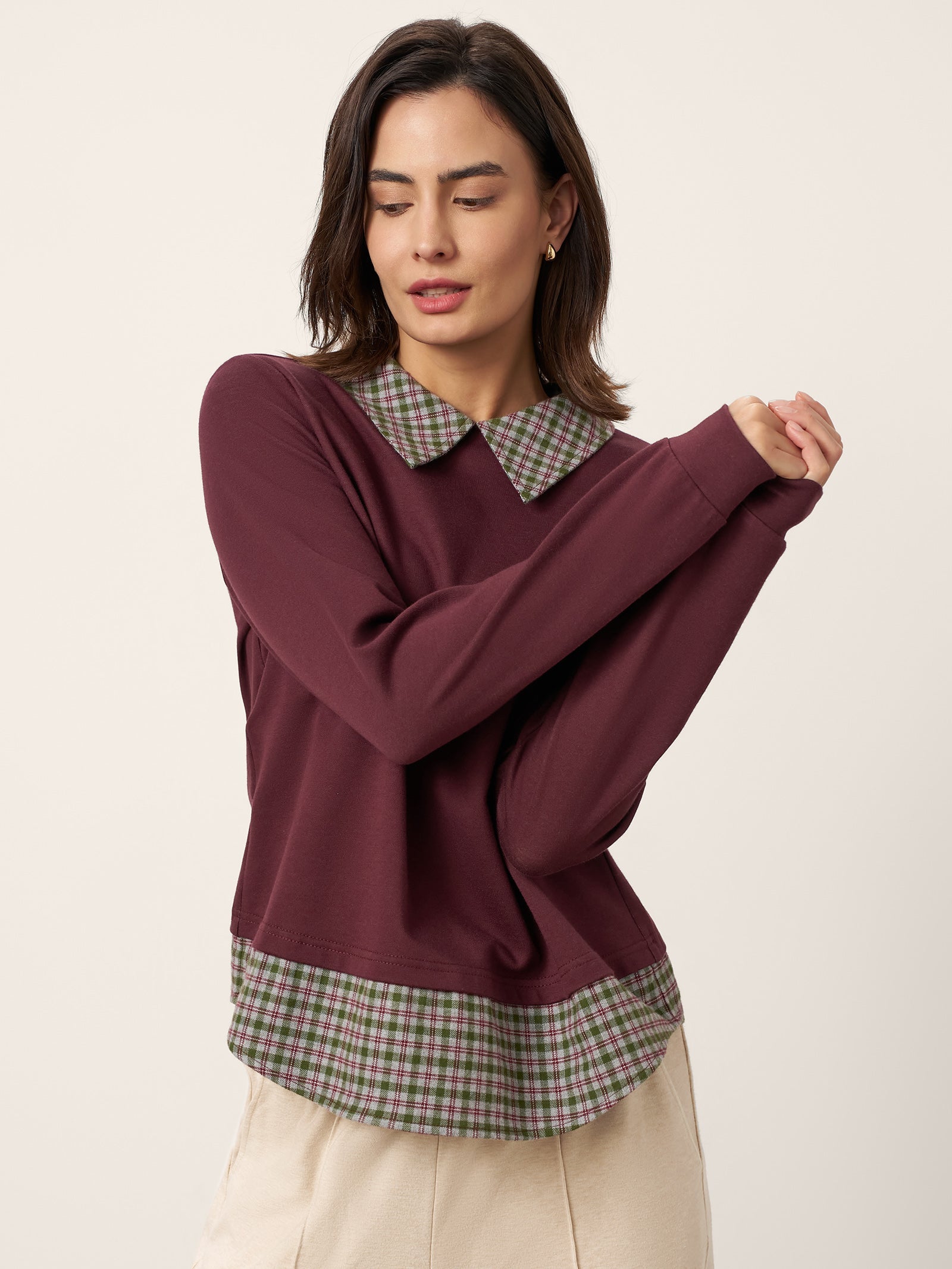 Cotton Plaid Panel Long Sleeve Top RAYNA