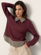 Cotton Plaid Panel Long Sleeve Top RAYNA