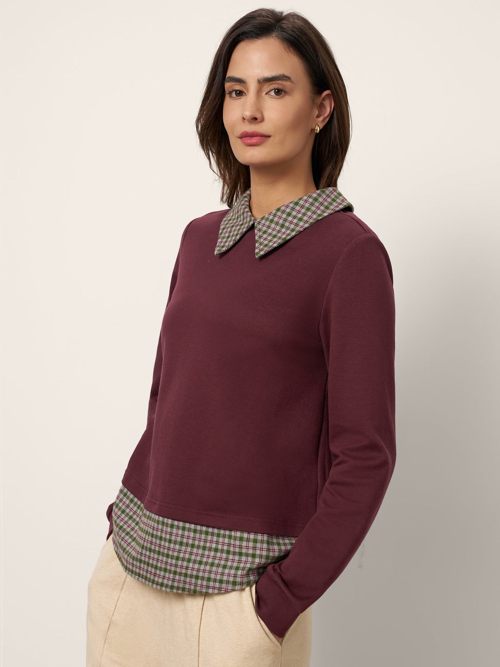 Cotton Plaid Panel Long Sleeve Top RAYNA