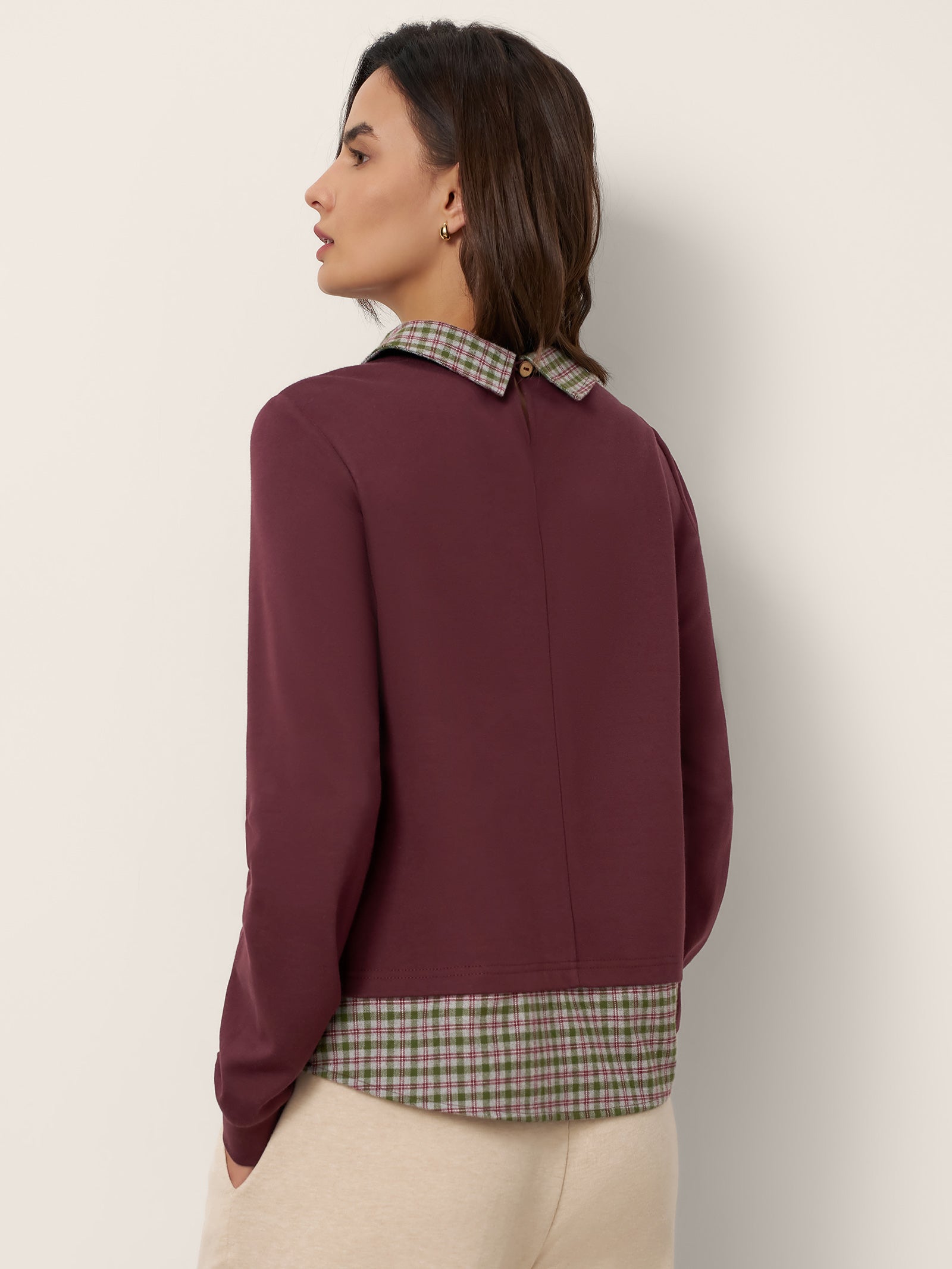 Cotton Plaid Panel Long Sleeve Top RAYNA