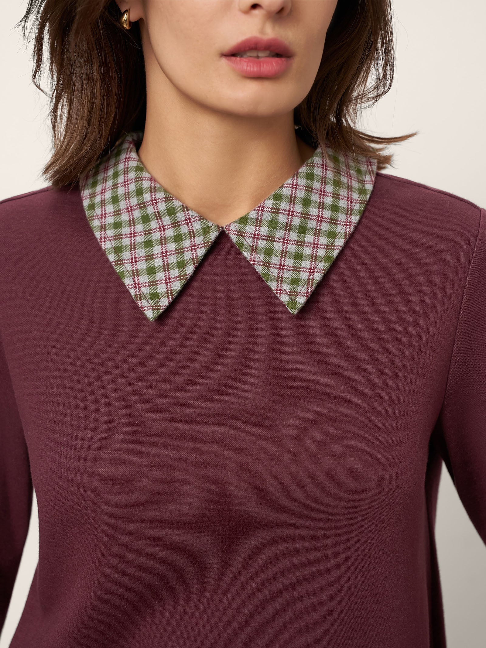 Cotton Plaid Panel Long Sleeve Top RAYNA