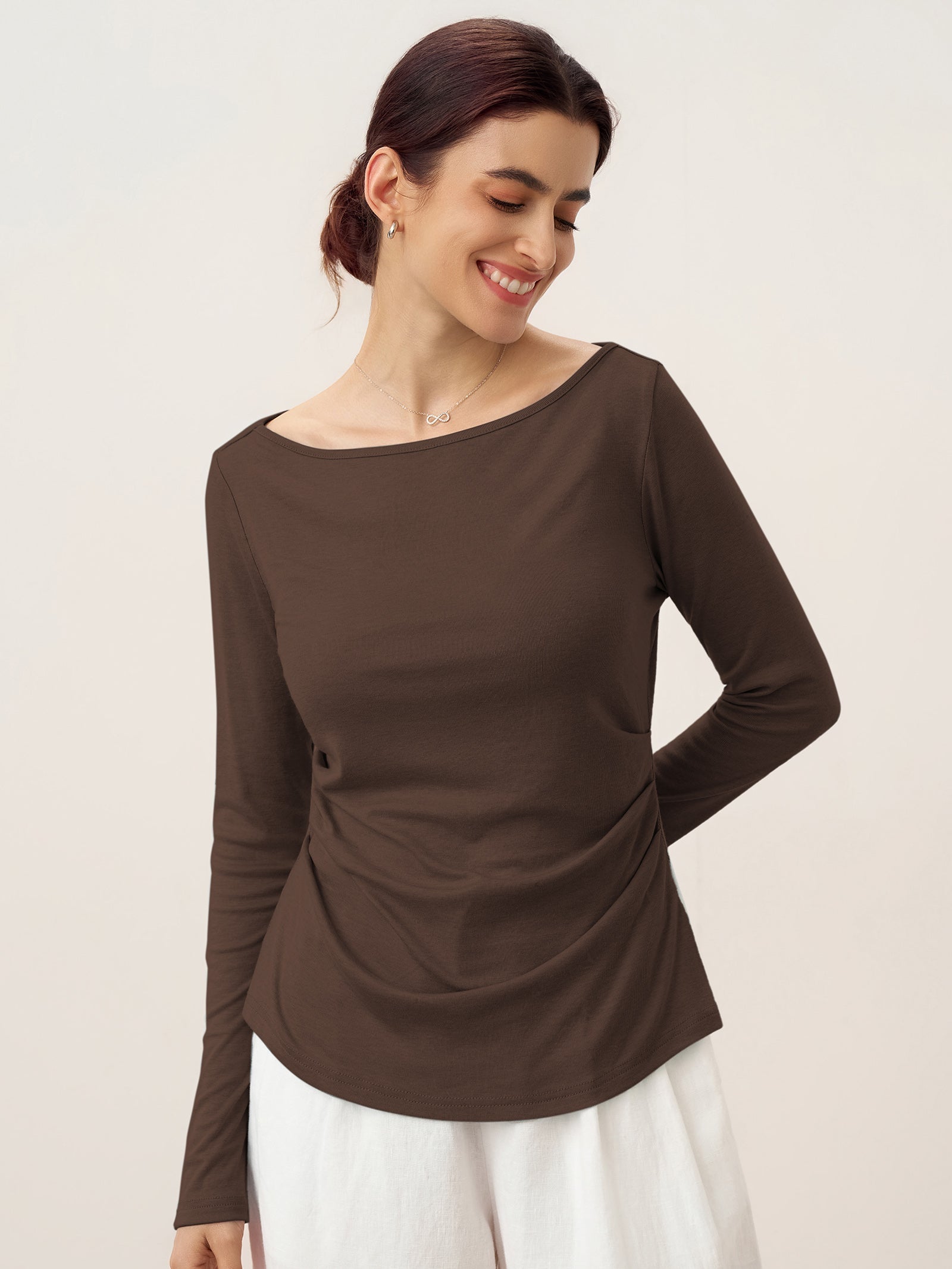 Wool Side Ruched Boat Neck Stretch Top VIVIEN