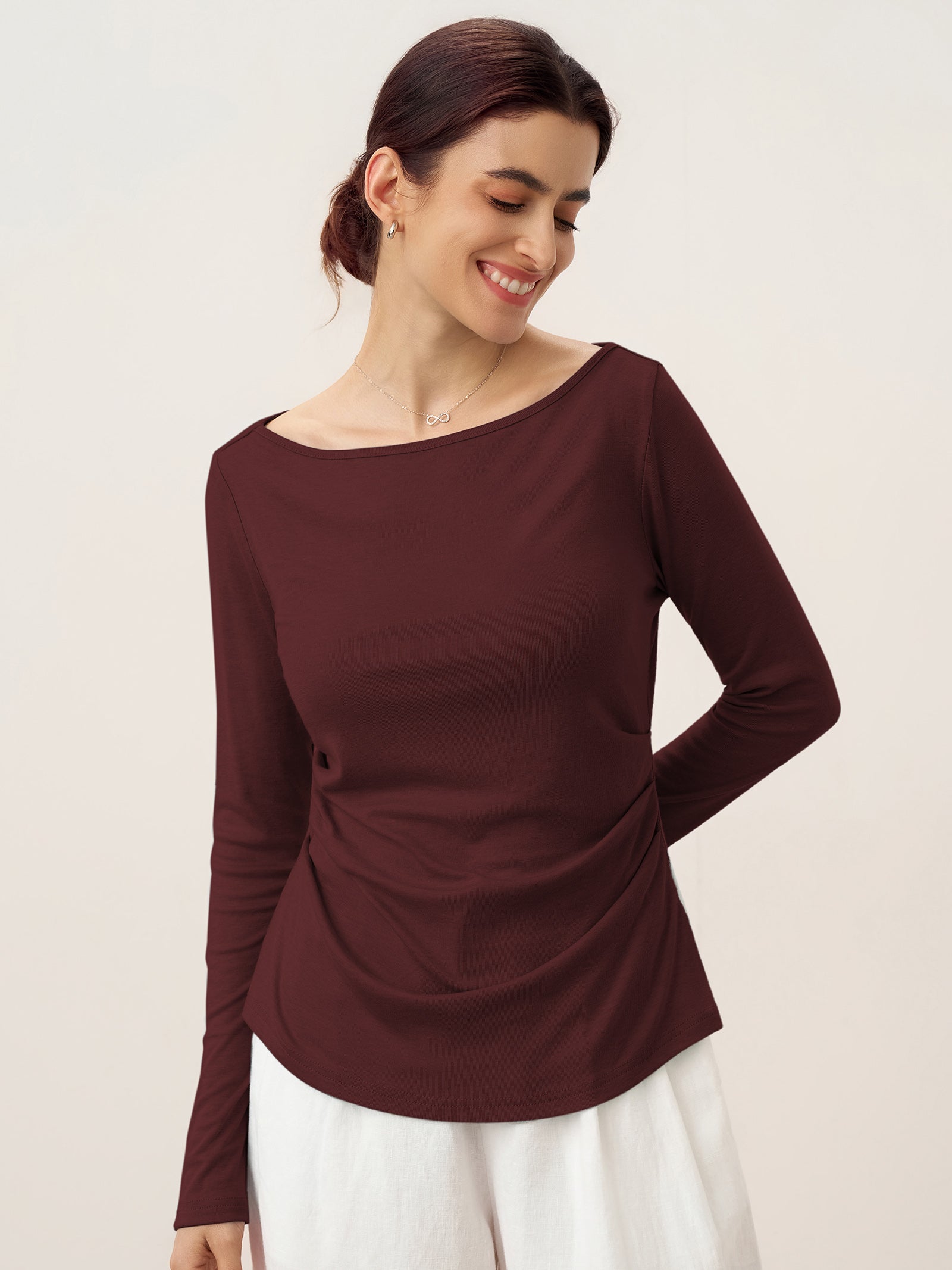 Wool Side Ruched Boat Neck Stretch Top VIVIEN