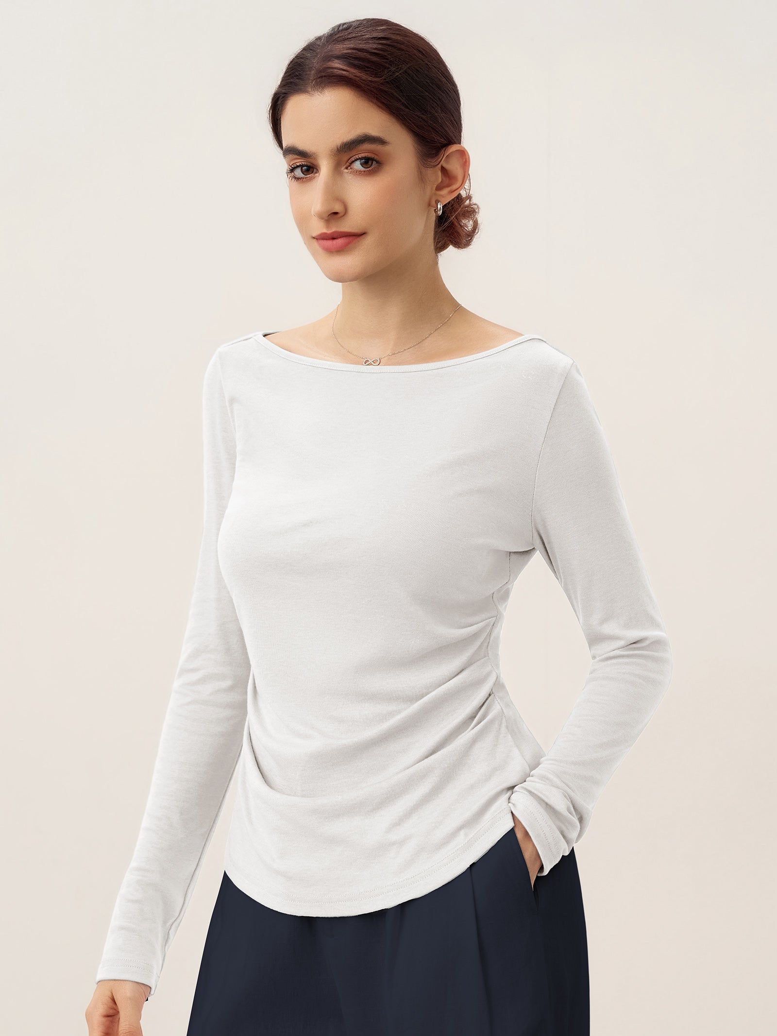 Wool Side Ruched Boat Neck Stretch Top VIVIEN