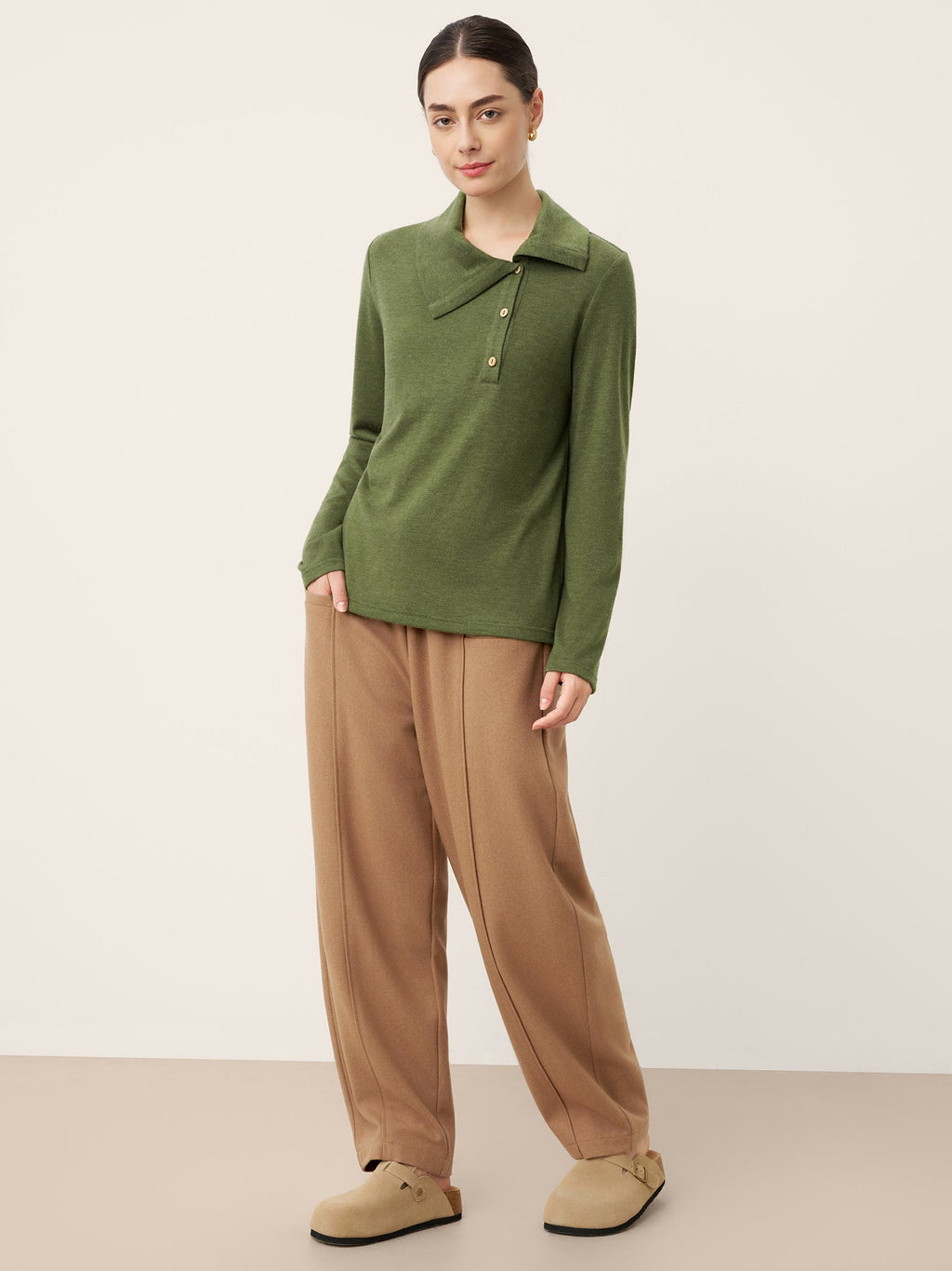 Wool Asymmetric Lapel Fruit Button Decor Top YSABEL