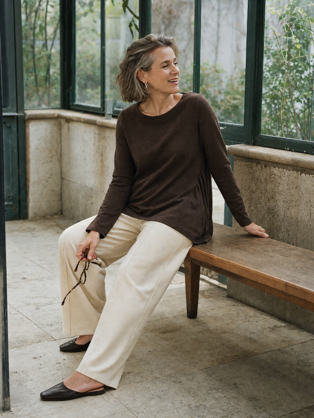 Wool Panelled Ruched Asymmetric Hem Top KALISTA