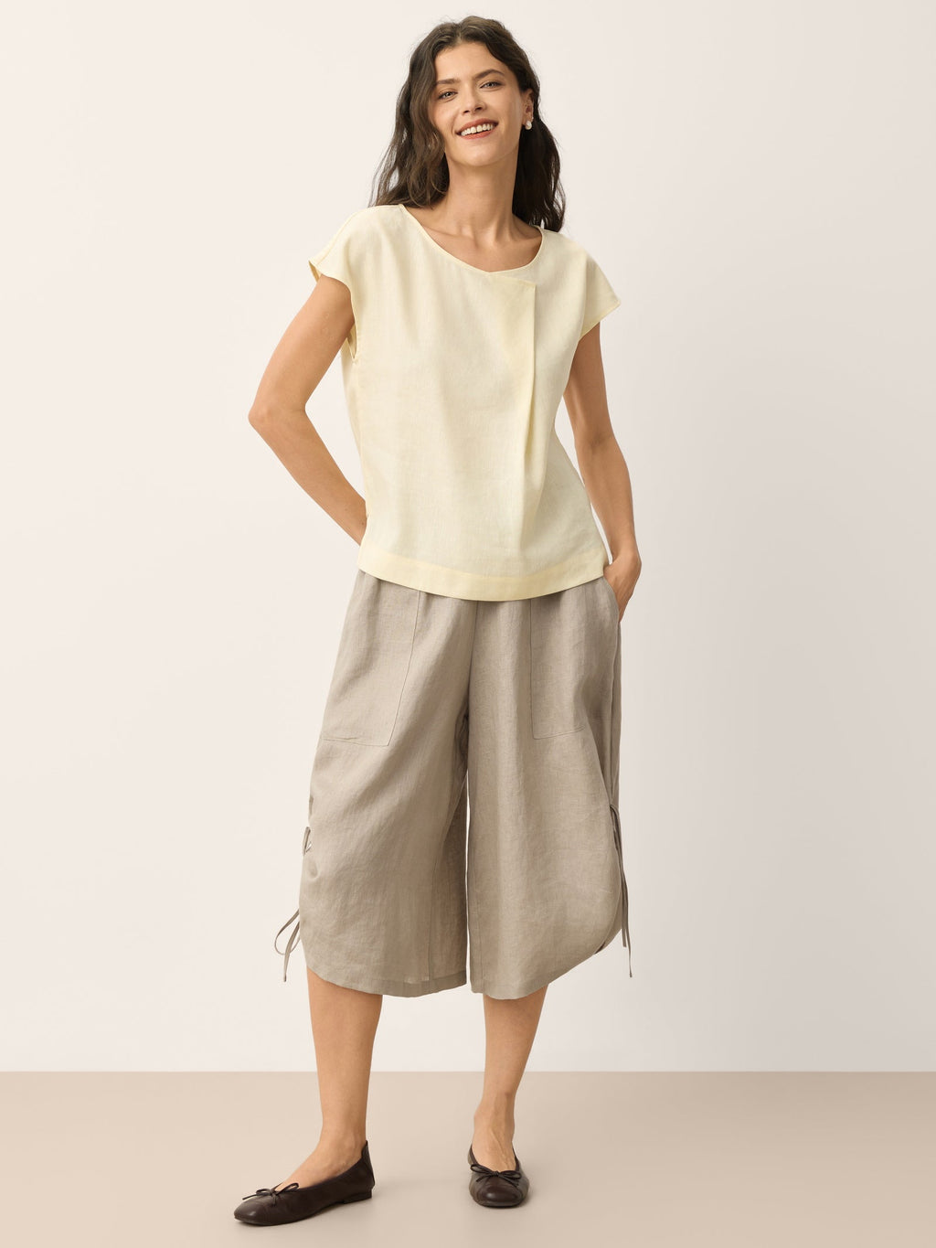 Linen-Lyocell Asymmetric Pleat Cap-Sleeve Top CERELIA