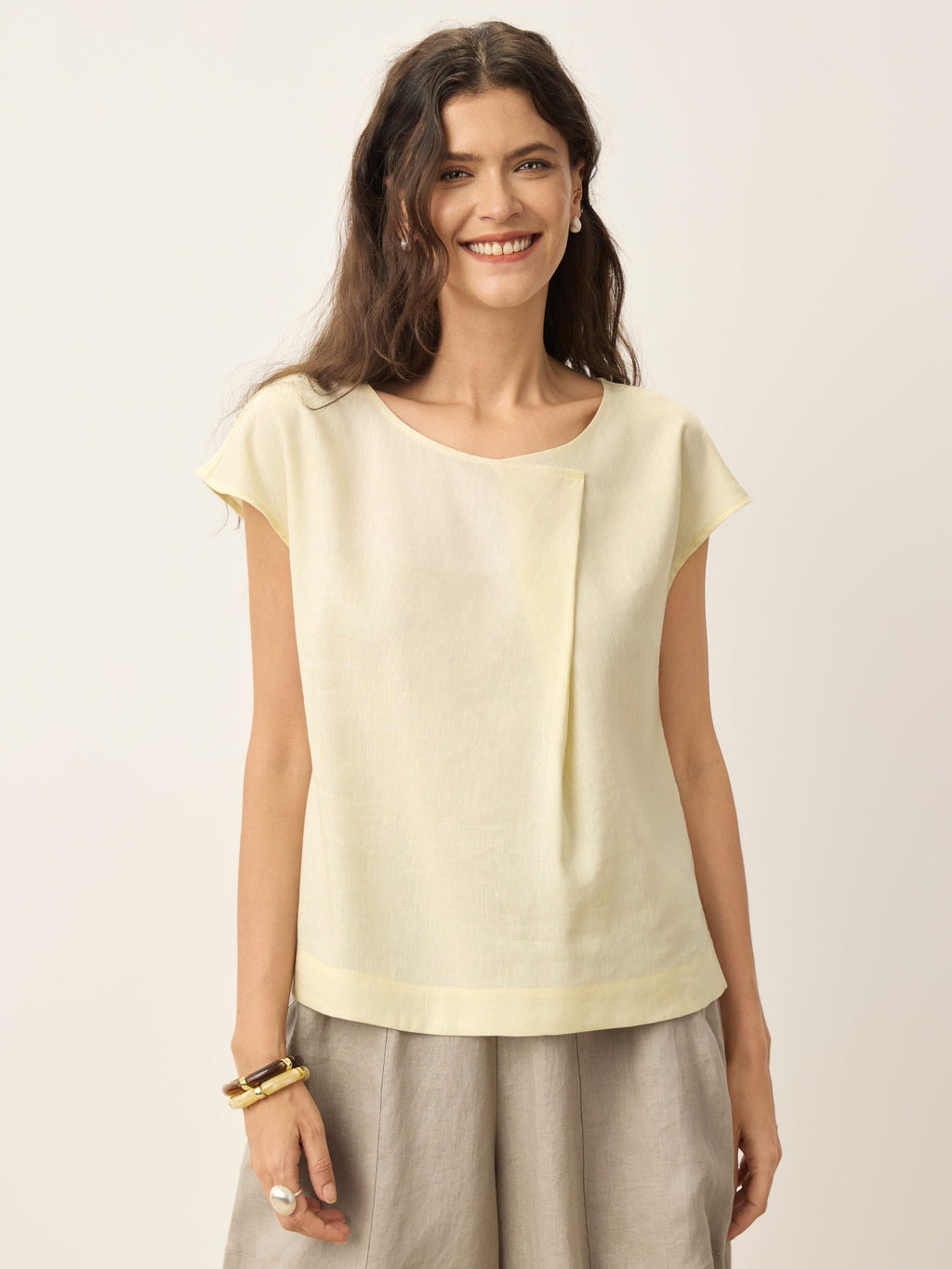Linen-Lyocell Asymmetric Pleat Cap-Sleeve Top CERELIA