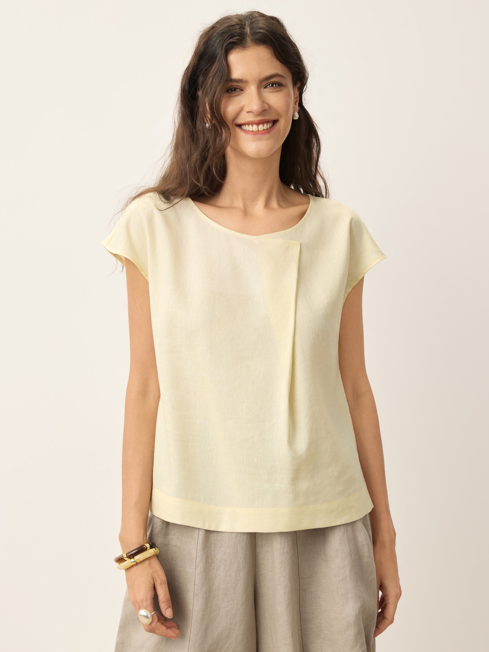 Linen-Lyocell Asymmetric Pleat Cap-Sleeve Top CERELIA