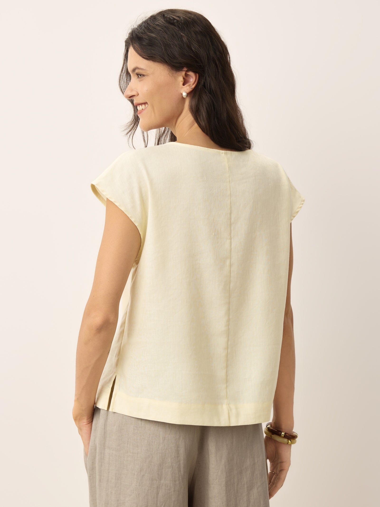 Linen-Lyocell Asymmetric Pleat Cap-Sleeve Top CERELIA