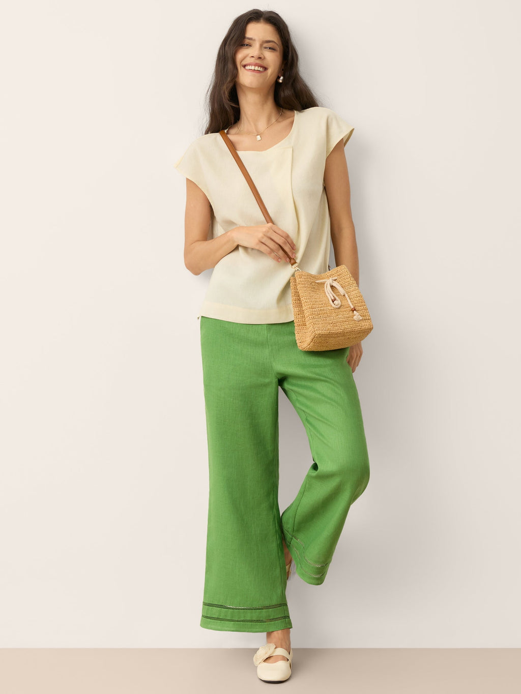 Linen-Lyocell Asymmetric Pleat Cap-Sleeve Top CERELIA
