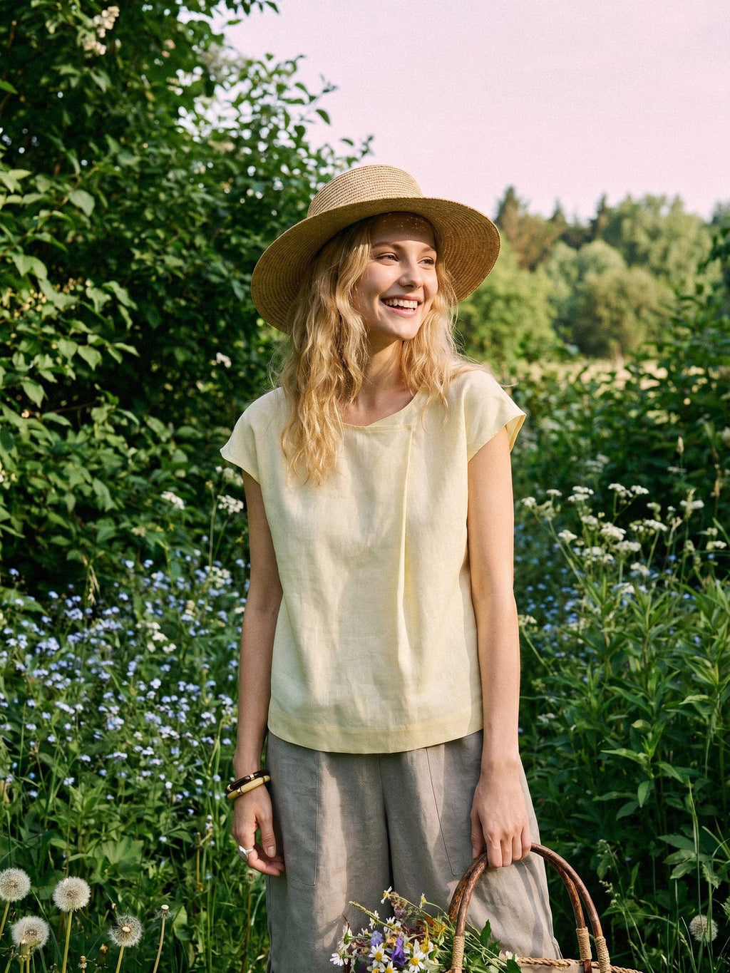 Linen-Lyocell Asymmetric Pleat Cap-Sleeve Top CERELIA