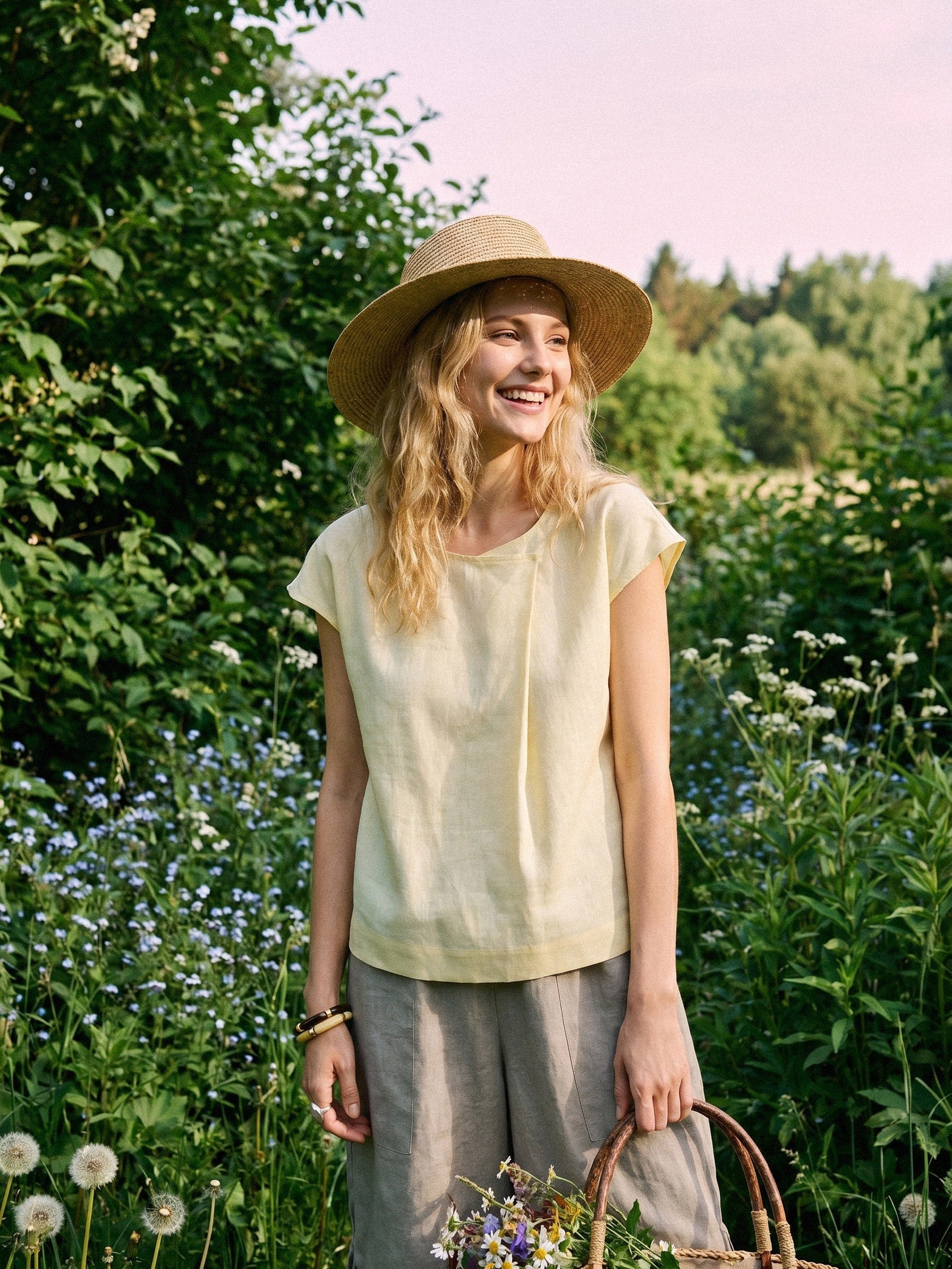 Linen-Lyocell Asymmetric Pleat Cap-Sleeve Top CERELIA