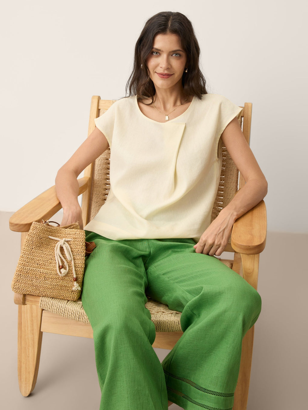 Linen-Lyocell Asymmetric Pleat Cap-Sleeve Top CERELIA