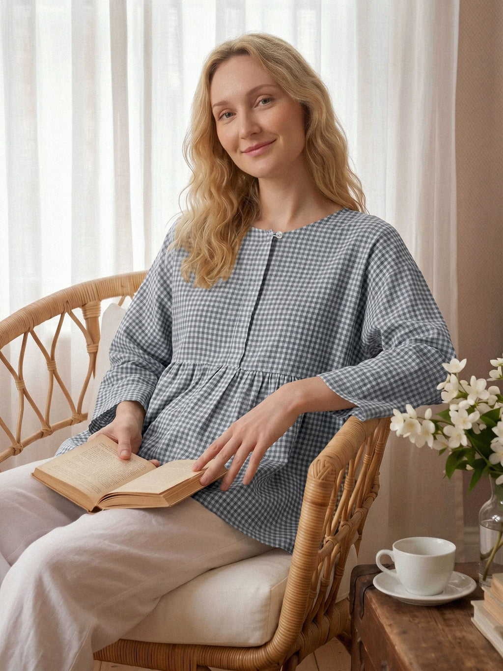 Linen Checked Long-Sleeved Top CAROLINE