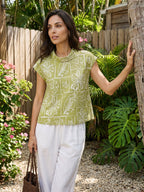 Linen Geometric Floral Stand-Collar Top DELPHINA