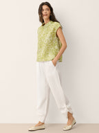 Linen Geometric Floral Stand-Collar Top DELPHINA